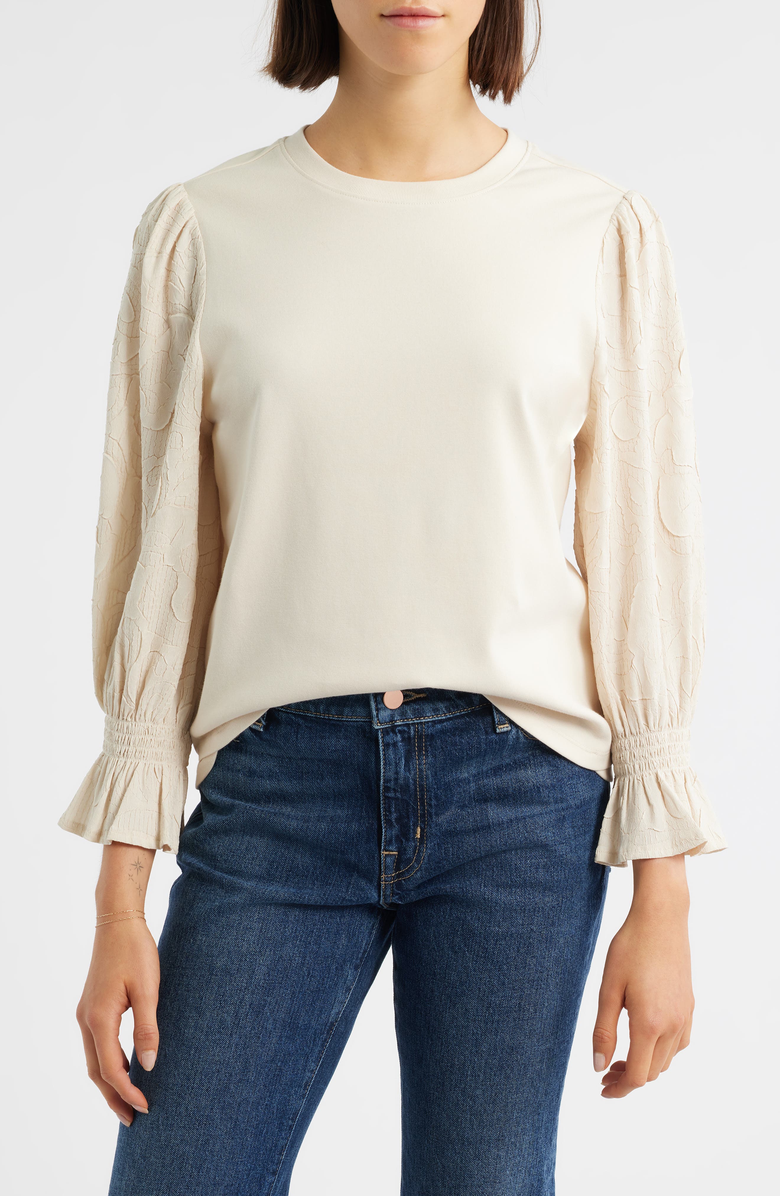 Mixed Media Smocked Sleeve Top