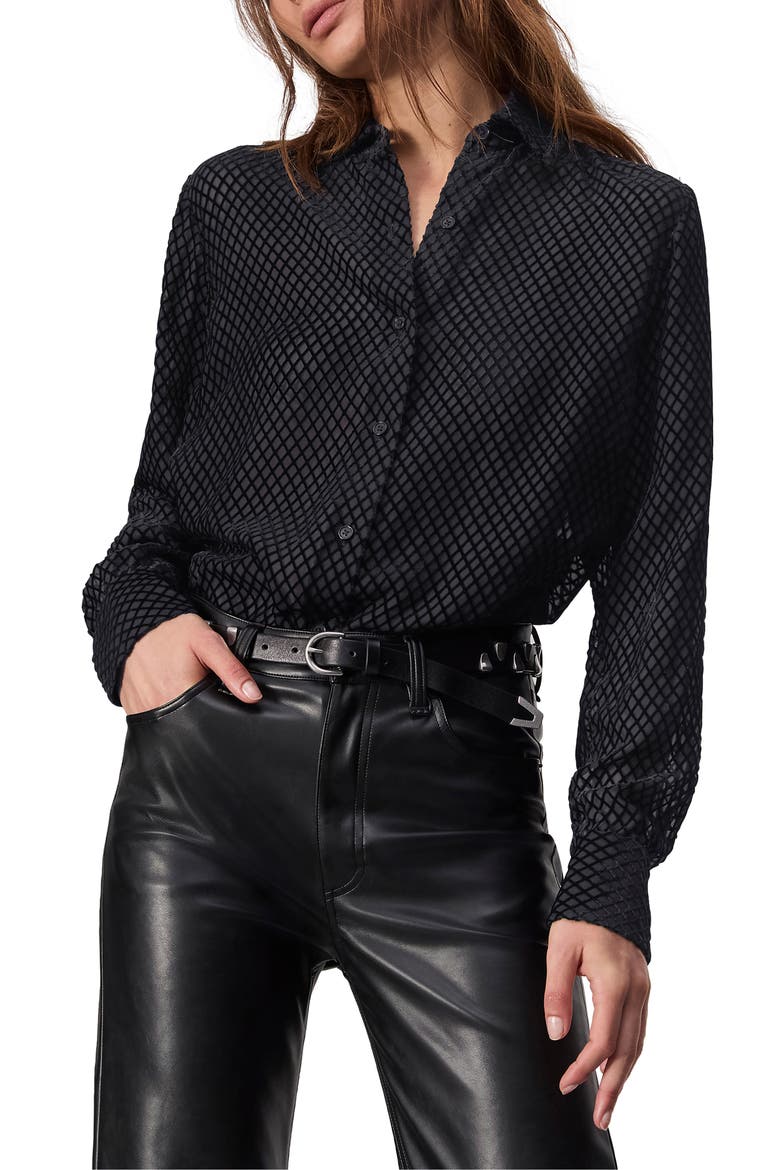 Lila Velvet Burnout Button-Up Shirt, Main, color, BLACK