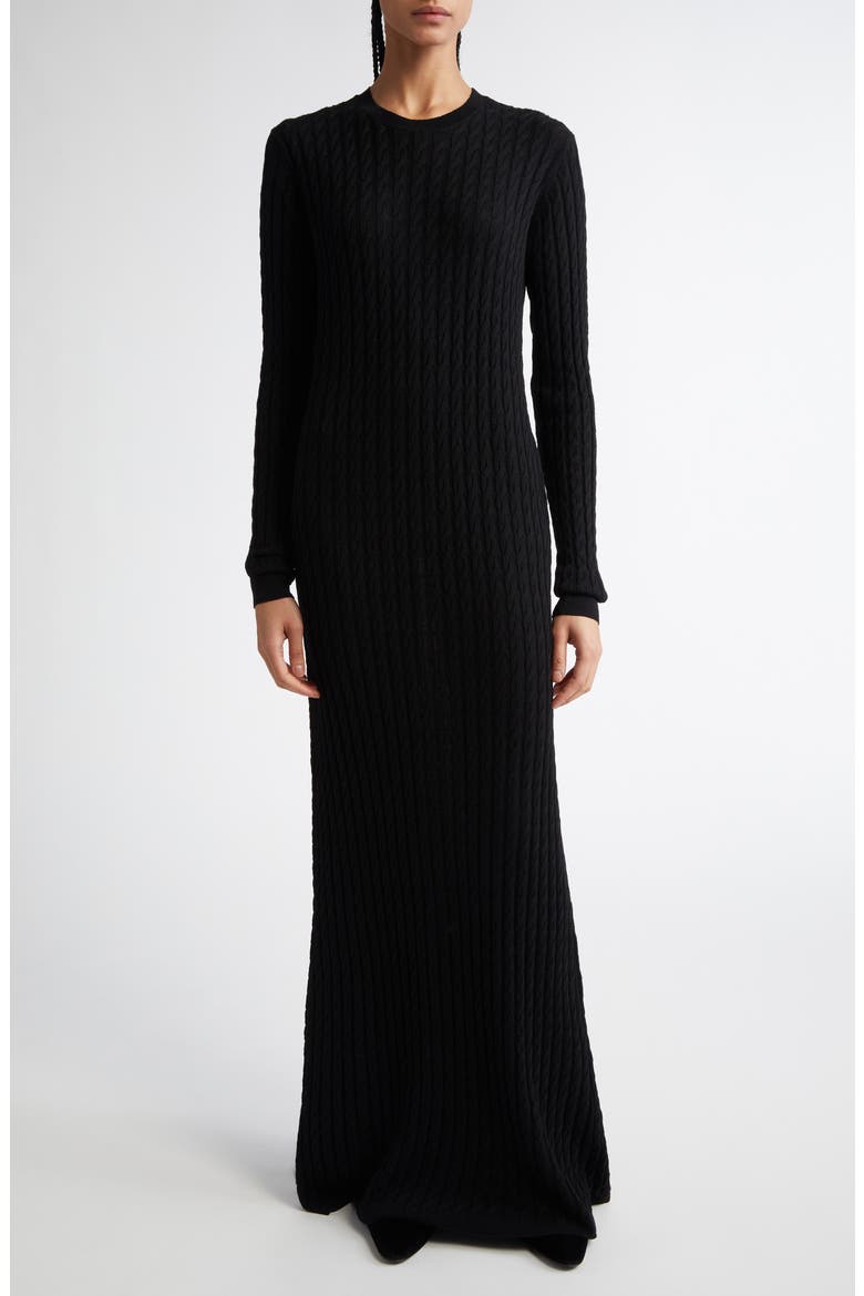 Long Sleeve Cable Knit Wool Merino Wool Sweater Dress, Alternate, color, BLACK