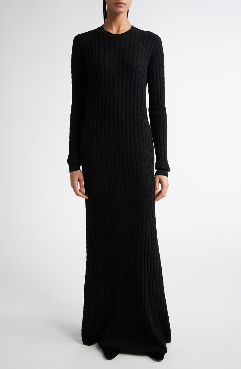 TOTEME Long Sleeve Cable Knit Wool Merino Wool Sweater Dress, Alternate, color, Black