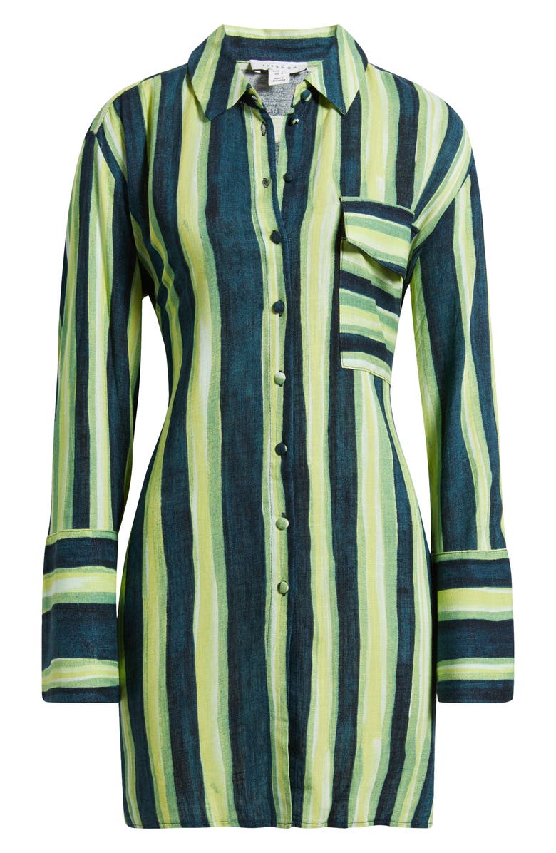 Topshop Stripe Tie Waist Long Sleeve Mini Shirtdress, Alternate, color, Medium Green