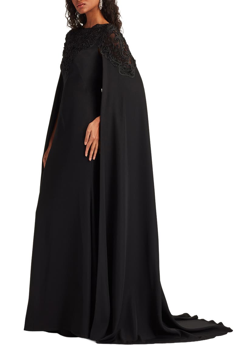 Lace & Crepe Cape Gown, Alternate, color, BLACK