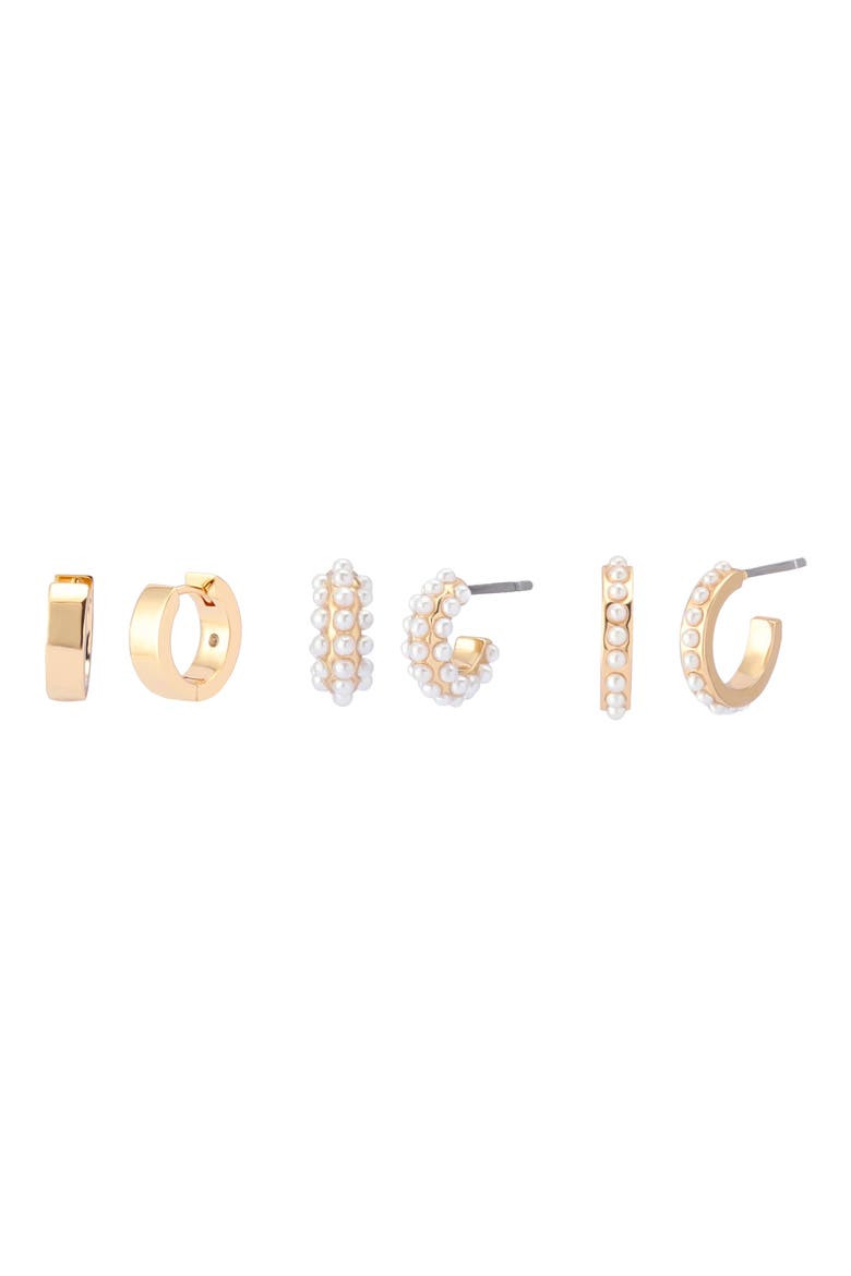 Set of 3 Assorted Hoop Earrings, Alternate, color, GOLD/ WHITE