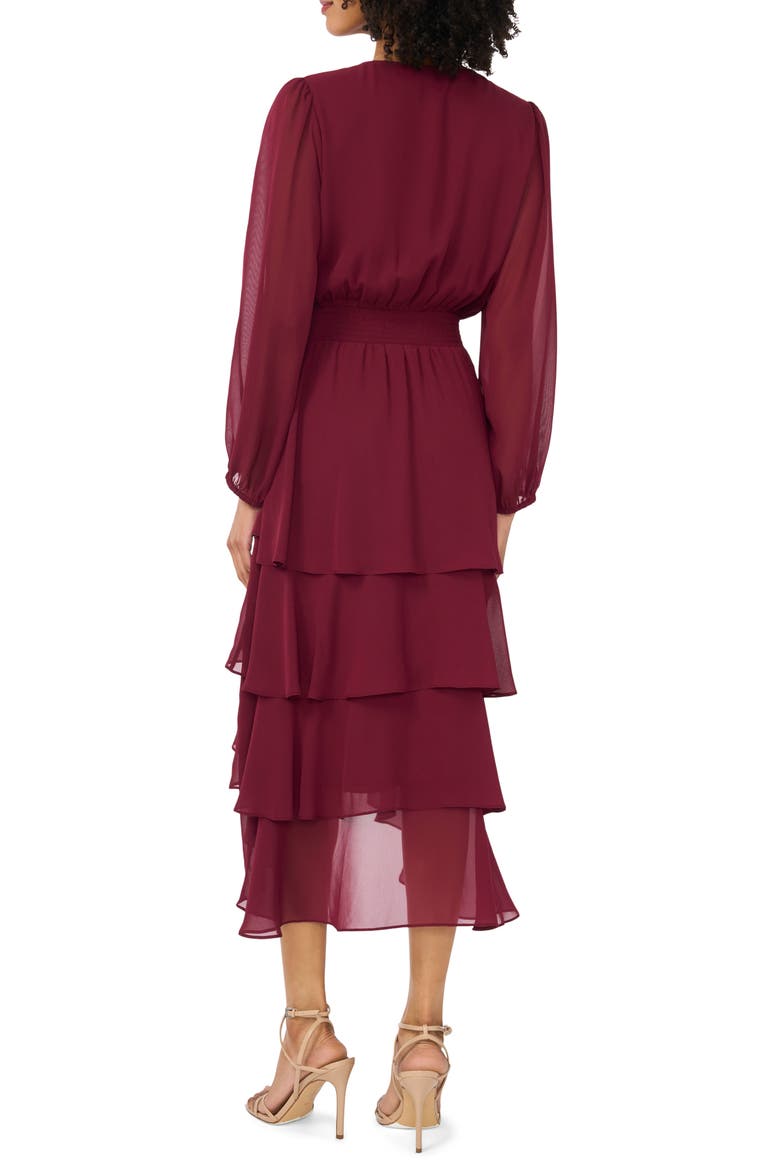 Smocked Waist Long Sleeve Tiered Midi Dress, Alternate, color, CRISP MERLOT