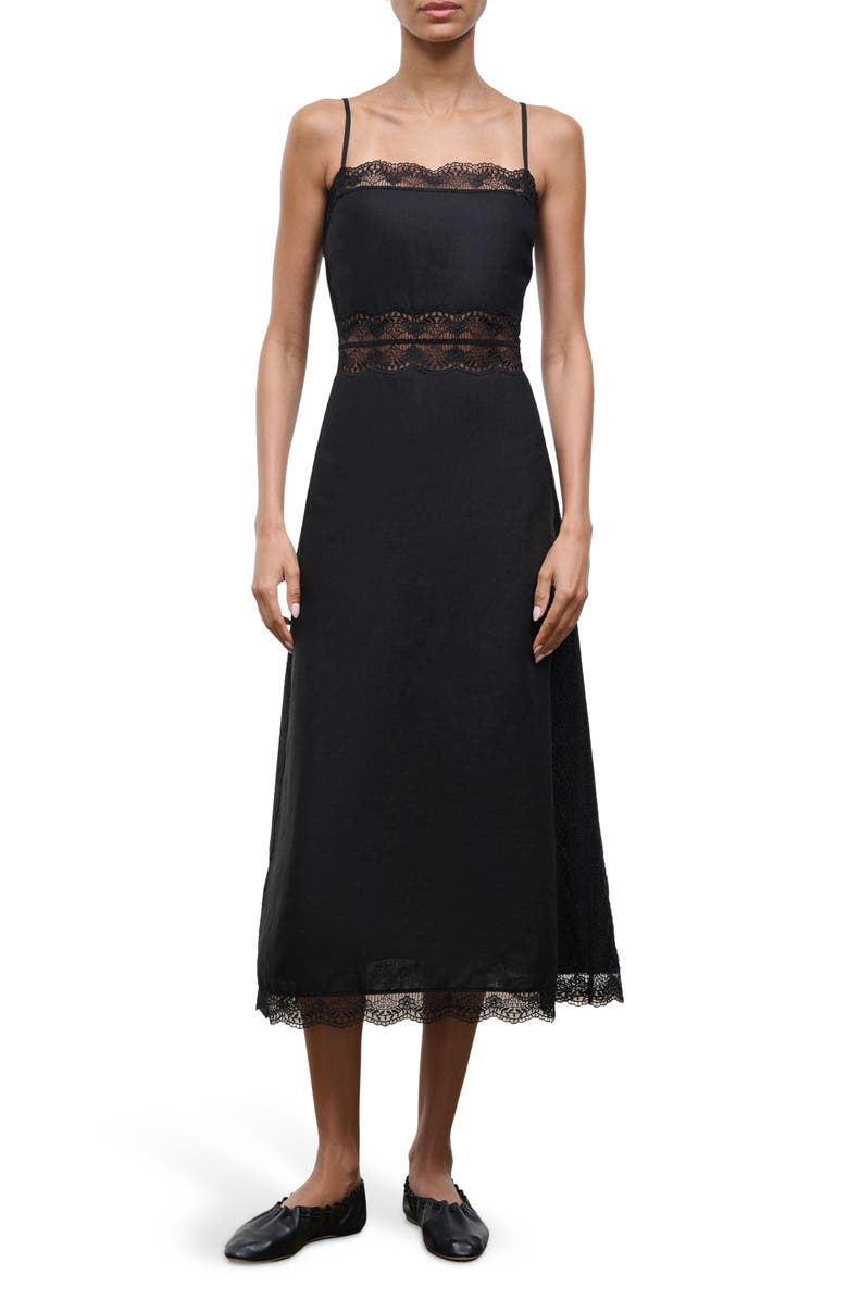 STAUD Amalina Lace Detail Linen Dress, Main, color, Black