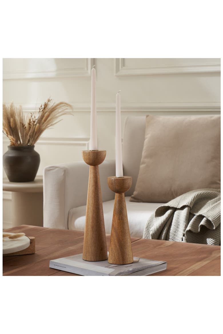 Set of 2 Mango Wood Candle Holders, Alternate, color, BROWN