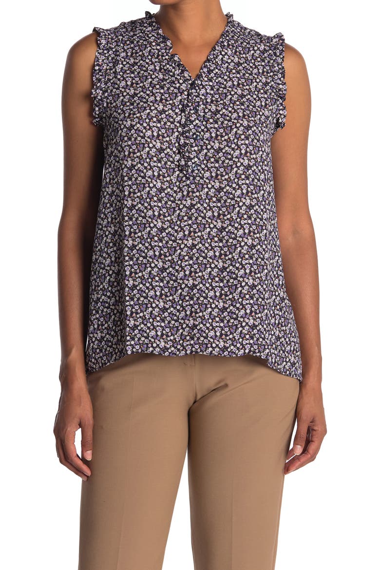 Ruffled V-Neck High/Low Tank Top, Main, color, NAVY DITSY