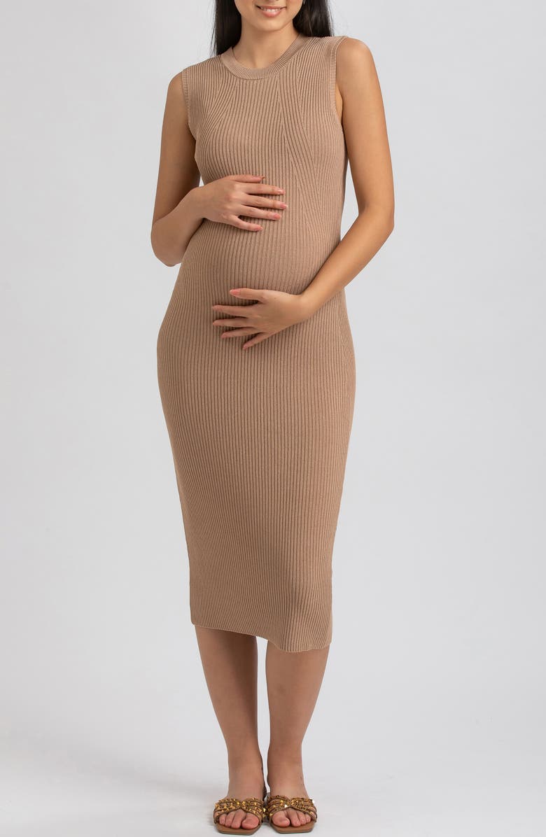 PIETRO BRUNELLI MATERNITY Rib Crewneck Maternity Sweater Midi Dress, Main, color, Brown