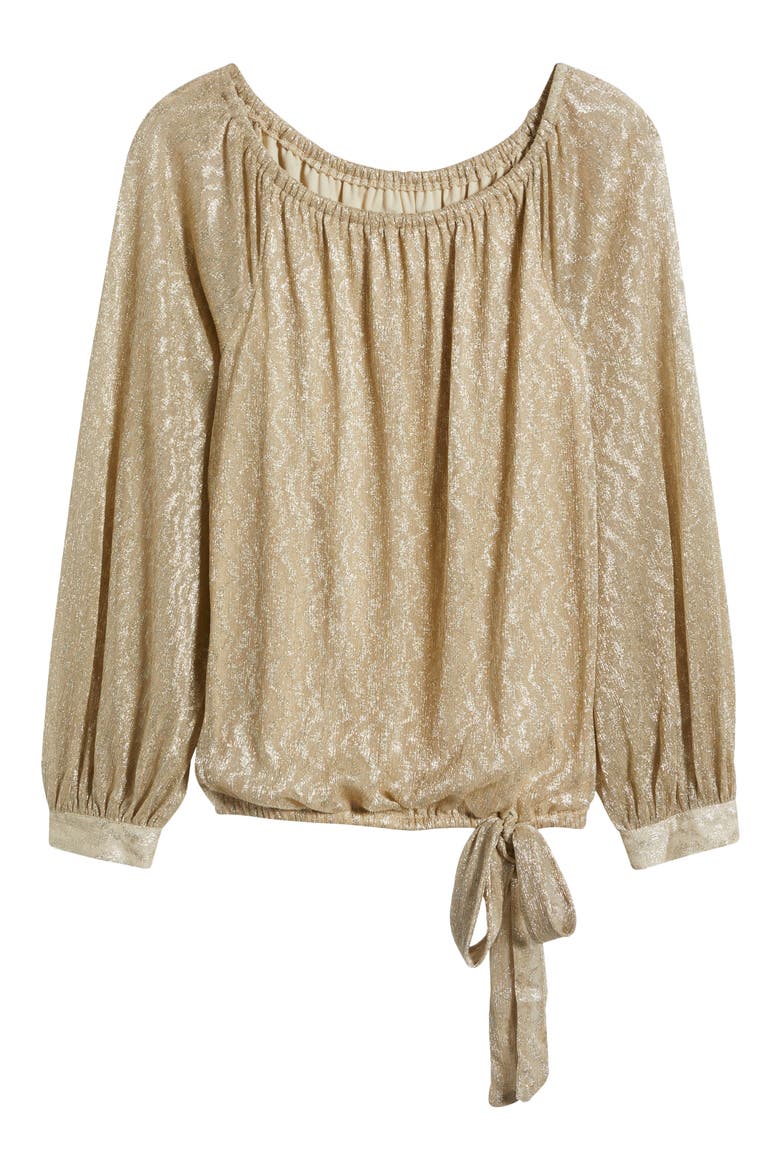 Metallic Tie Hem Off the Shoulder Top, Alternate, color, GOLD