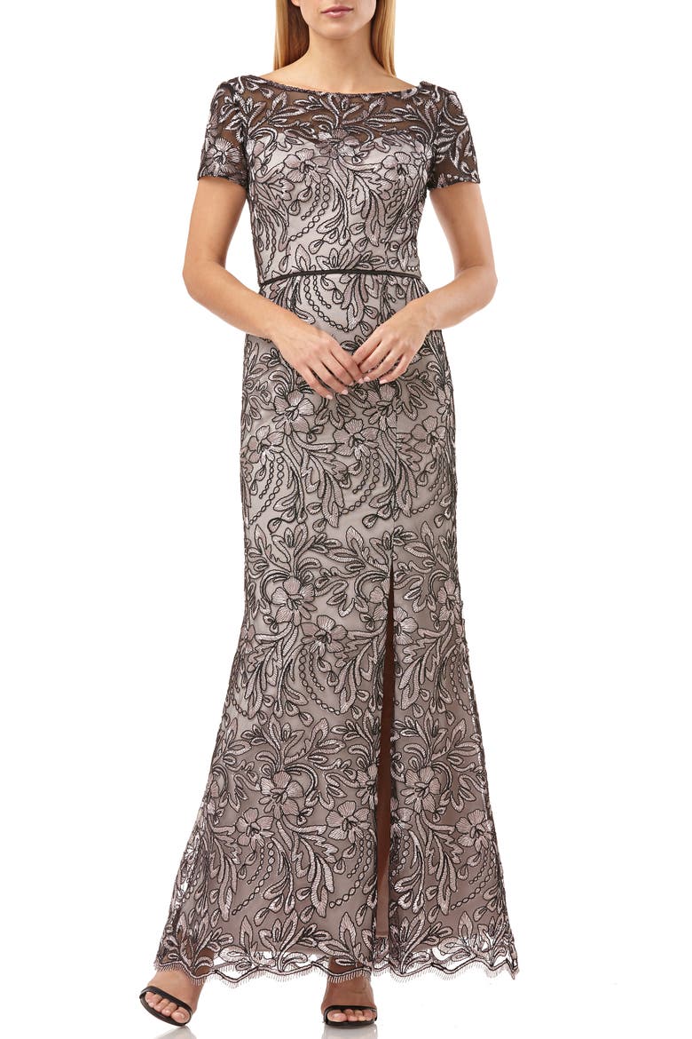 Embroidered Trumpet Gown, Main, color, CLAY