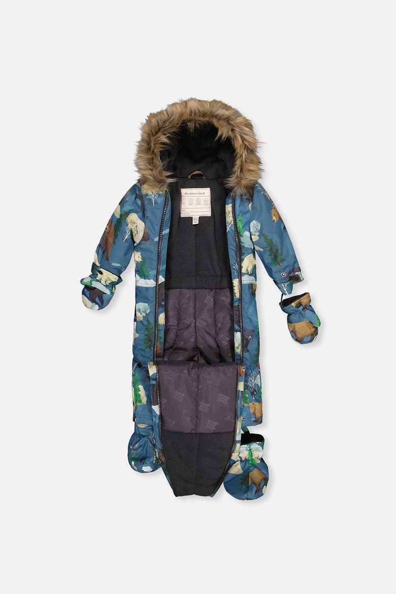 Play Bear Faux Fur Hood Car Seat One Piece Snowsuit, Alternate, color, Blue Bear Print