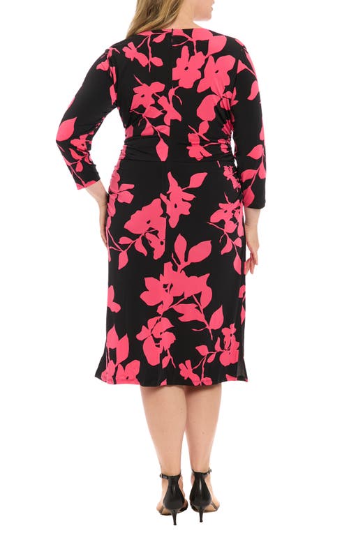 London Times Ruched Long Sleeve Midi Dress In Black/berry