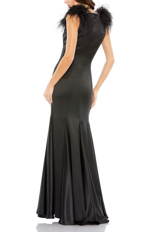 Mac Duggal Feather Shoulder V Neck Column Gown In Black