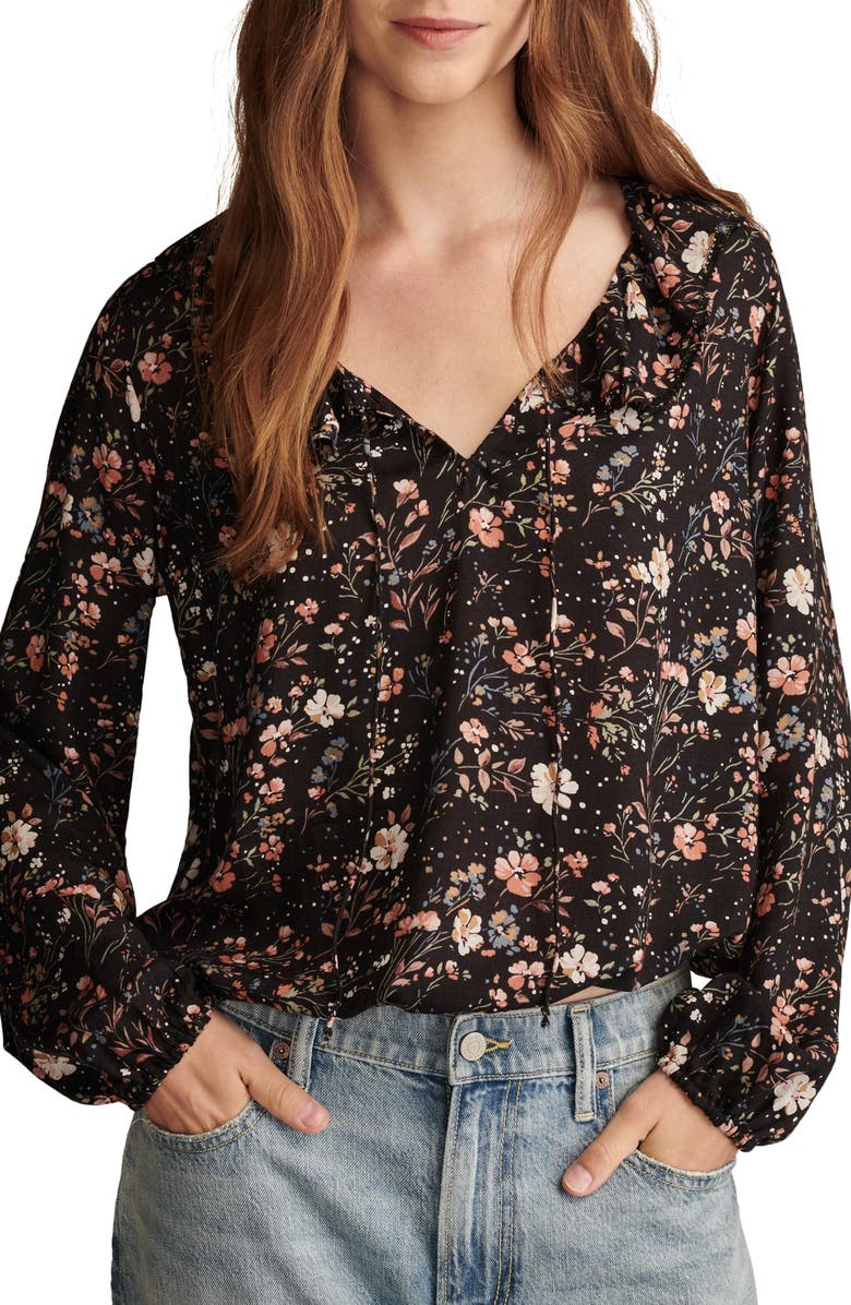 Lucky Brand Floral Print Ruffle Tie Neck Top, Main, color,
