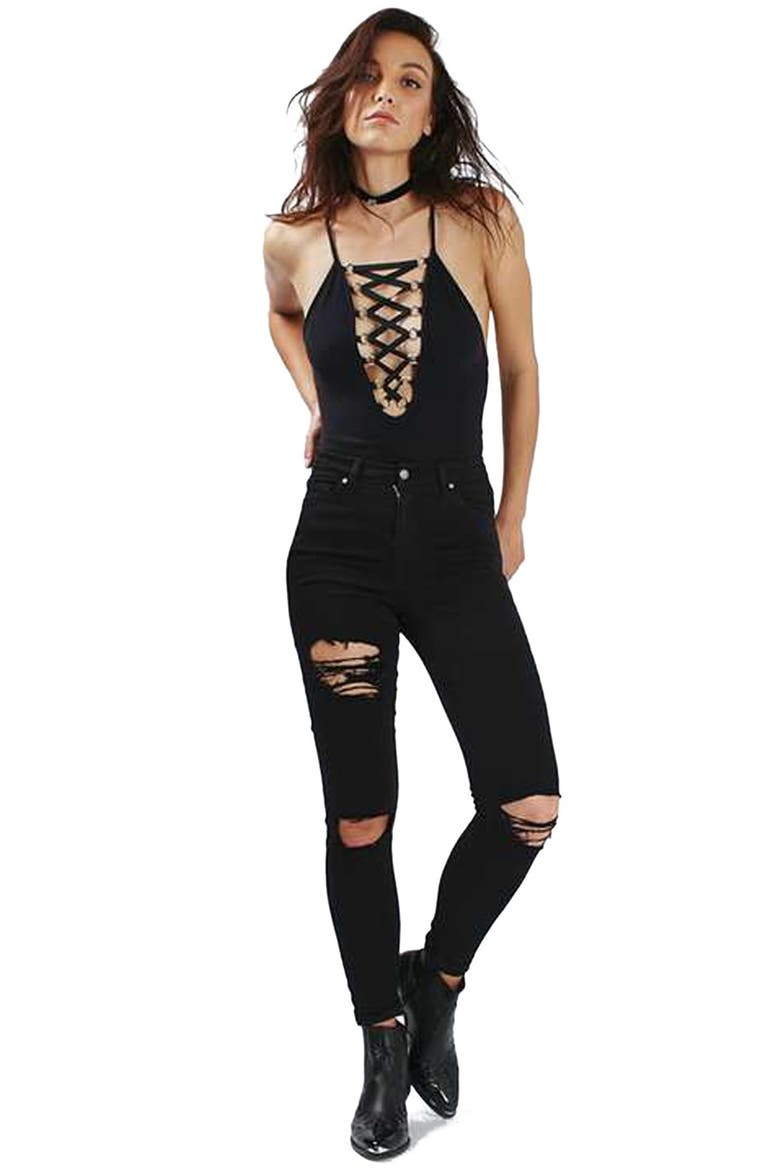 Lace-Up Ribbed Bodysuit, Alternate, color, BLACK