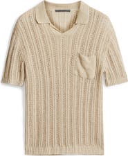 John Varvatos Odin Short Sleeve Textured Linen Johnny Collar Sweater
