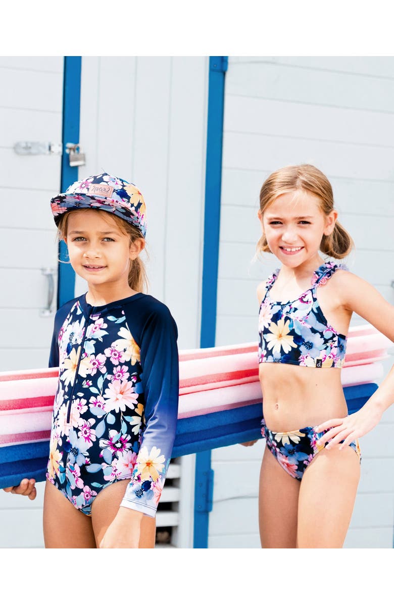Deux par Deux Little Girl's Printed Long Sleeve Rashguard Navy And Yellow And Pink Flowers, Alternate, color, 