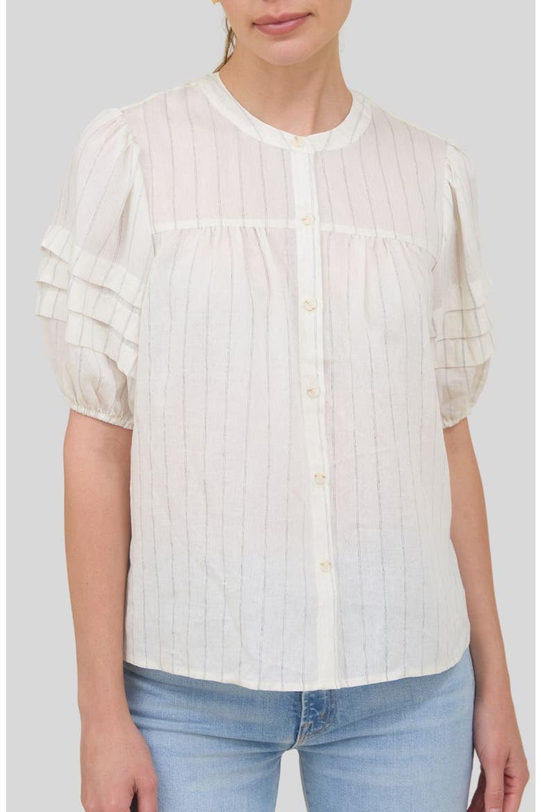 Stripe Puff Sleeve Button-Up Shirt, Main, color, OATMEAL