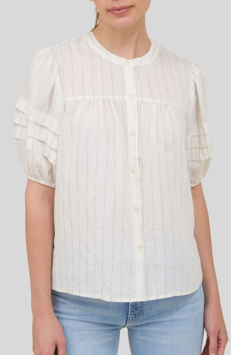 ZOE AND CLAIRE Stripe Puff Sleeve Button-Up Shirt, Main, color, Oatmeal