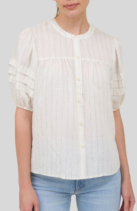 Stripe Puff Sleeve Button-Up Shirt