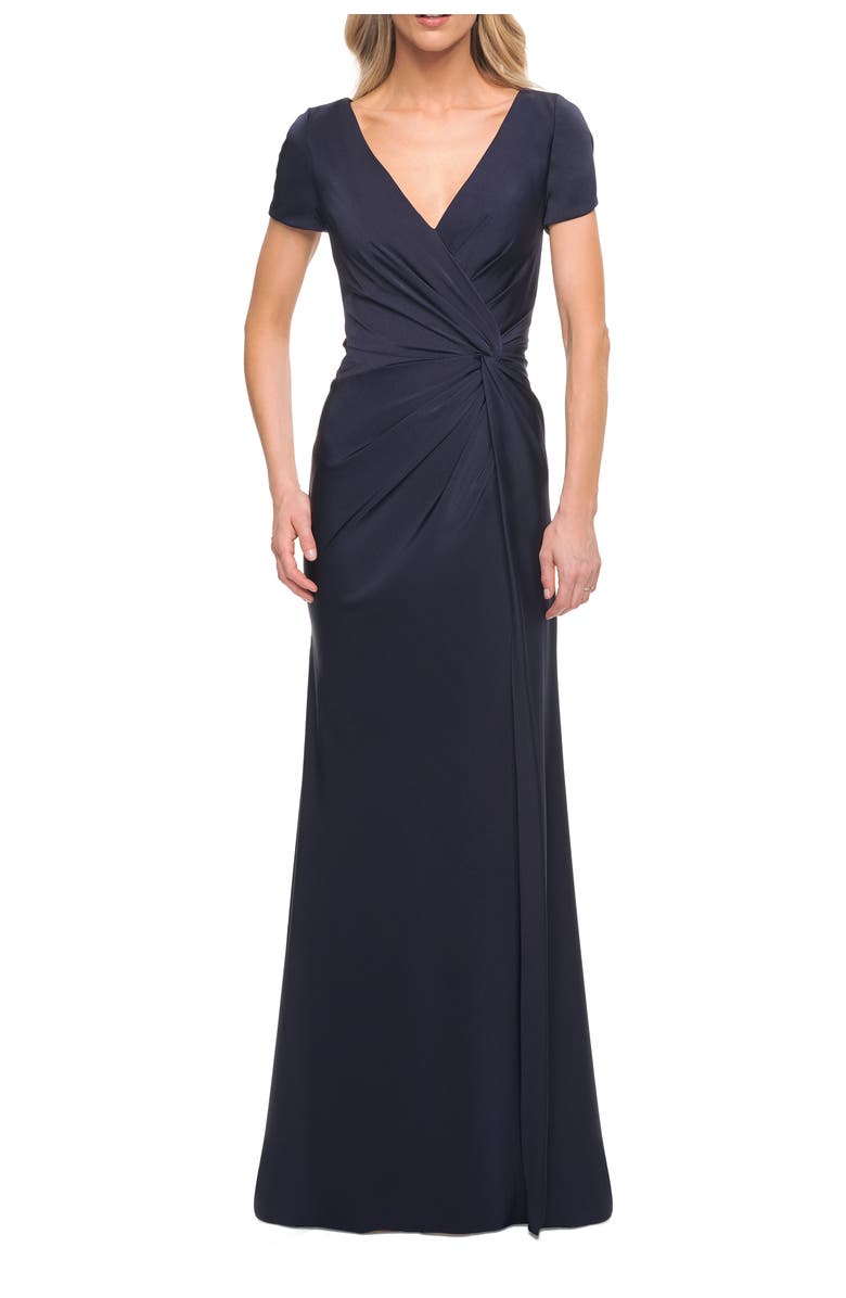 La Femme Elegant Evening Gown with V Neck and Knot, Main, color, Navy