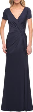 La Femme Elegant Evening Gown with V Neck and Knot