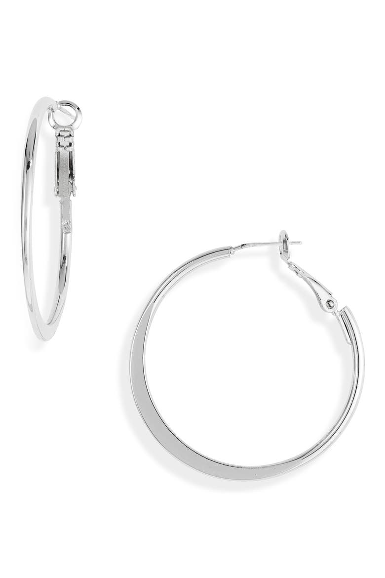 Demifine Tapered Hoop Earrings, Main, color, STERLING SILVER PLATED