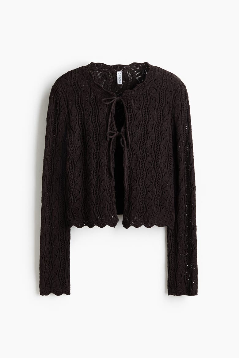 Pointelle-knit Tie-front Cardigan, Alternate, color, Dark brown
