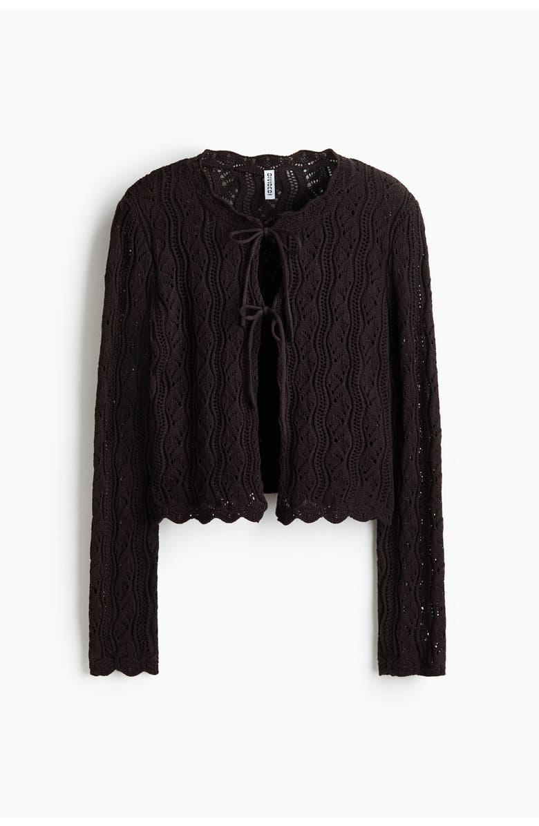 H&M Pointelle-knit tie-front cardigan, Alternate, color, Dark Brown