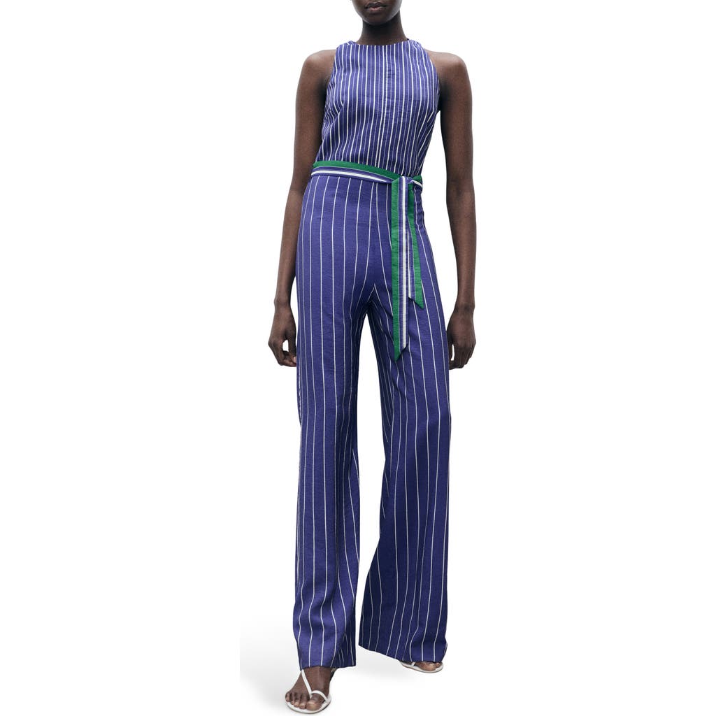 Mango Stripe Tie Waist Jumpsuit