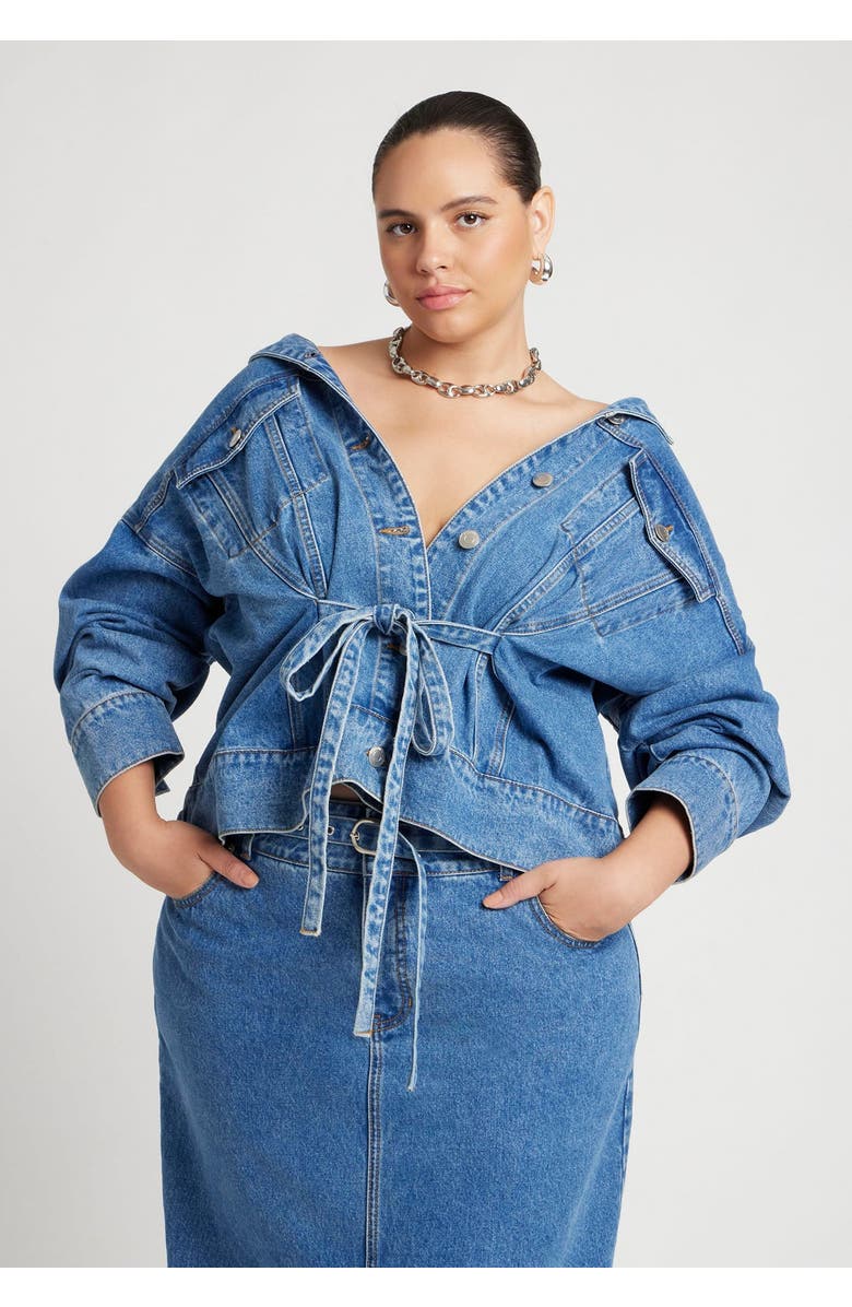 ELOQUII Denim Jacket With Cinched Waist, Main, color, Medium Wash