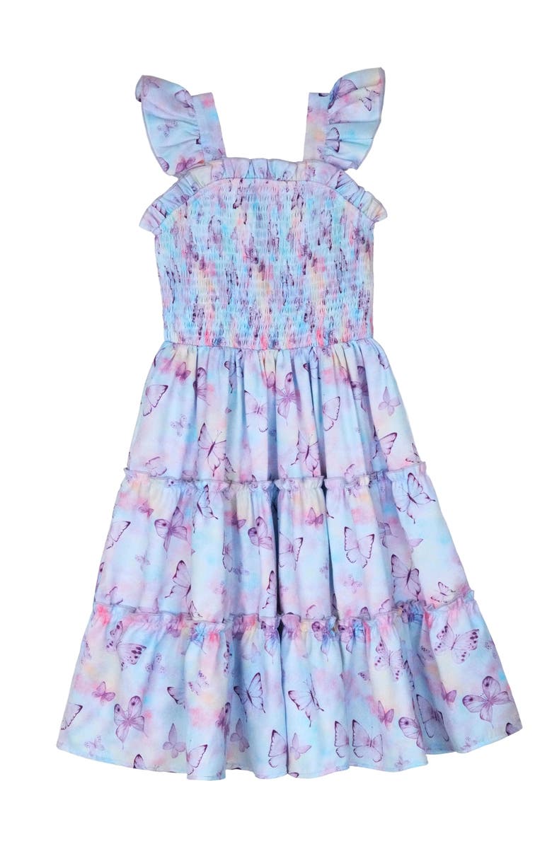 Mia Belle Girls Girls Spring Butterflies Smocked Tiered Dress, Main, color, Purple