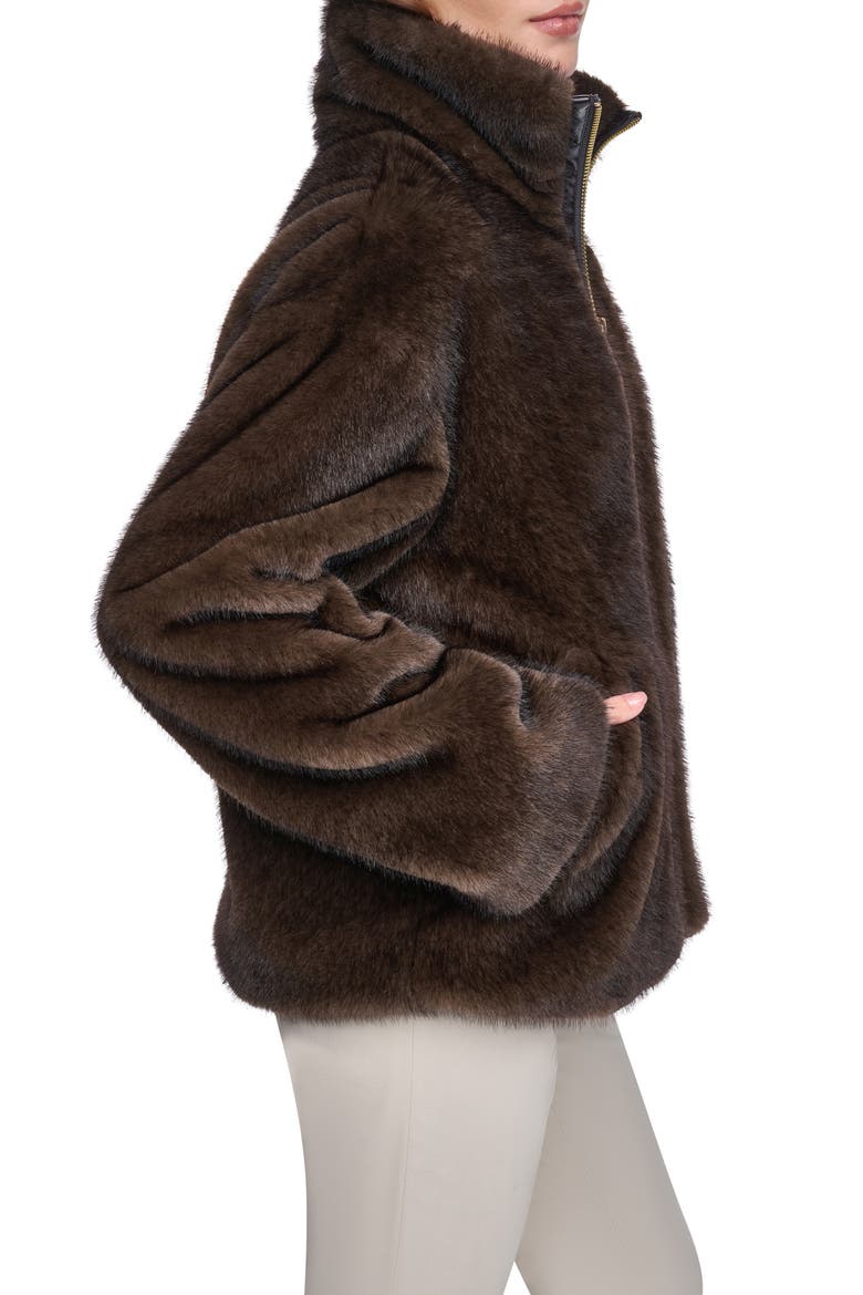 Zip Front Faux Fur Jacket, Alternate, color, BROWN
