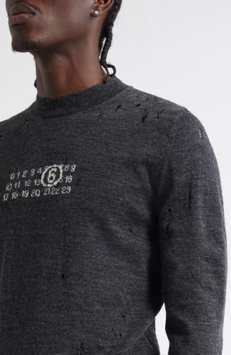 MM6 Maison Margiela Distressed Numeric Motif Virgin Wool Sweater, Alternate, color, Dark Grey Melange