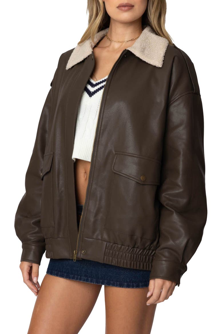 Ann Oversize Faux Leather Jacket with Faux Shearling Collar, Alternate, color, BROWN