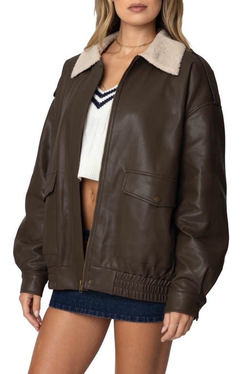 Edikted Ann Oversize Faux Leather Jacket With Faux Shearling Collar In Brown