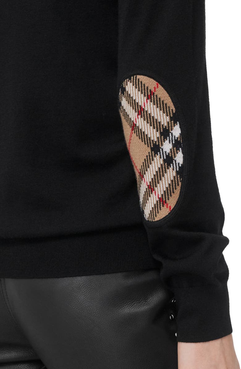 Burberry Bempton Vintage Check Elbow Patch Merino Wool Sweater, Alternate, color, 