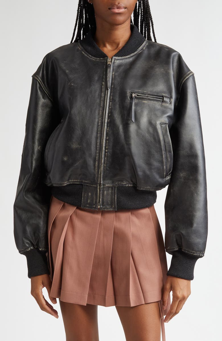 Acne Studios Leather Bomber Jacket, Main, color, Black