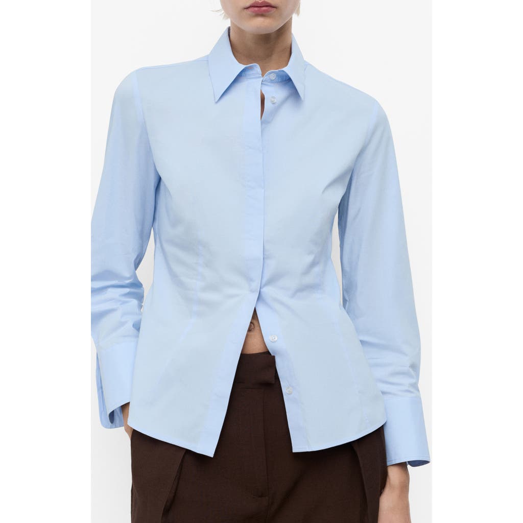 Mango Side Gather Cotton Poplin Button-up Shirt In Blue