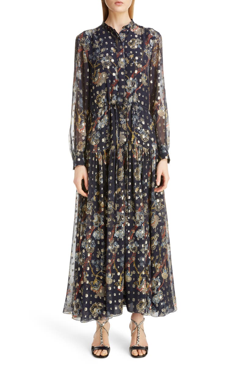 Chloé Print Metallic Long Sleeve Fil Coupé Maxi Shirtdress, Main, color, 