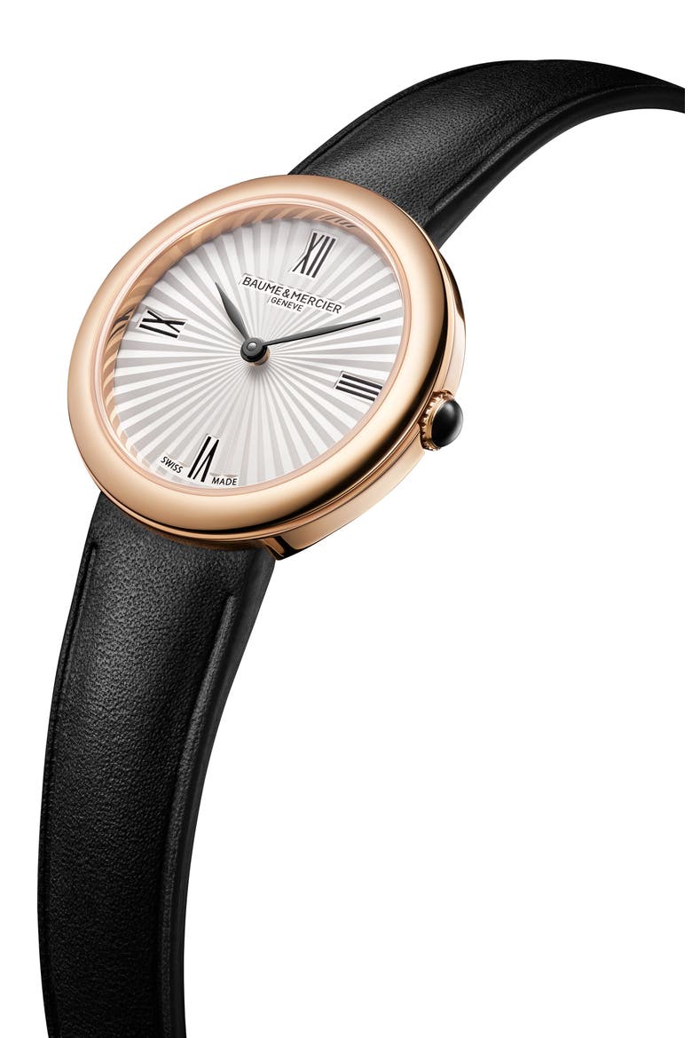 Joia de Baume & Mercier Leather Strap Watch, 28mm, Alternate, color, SILVER/ ROSE GOLD
