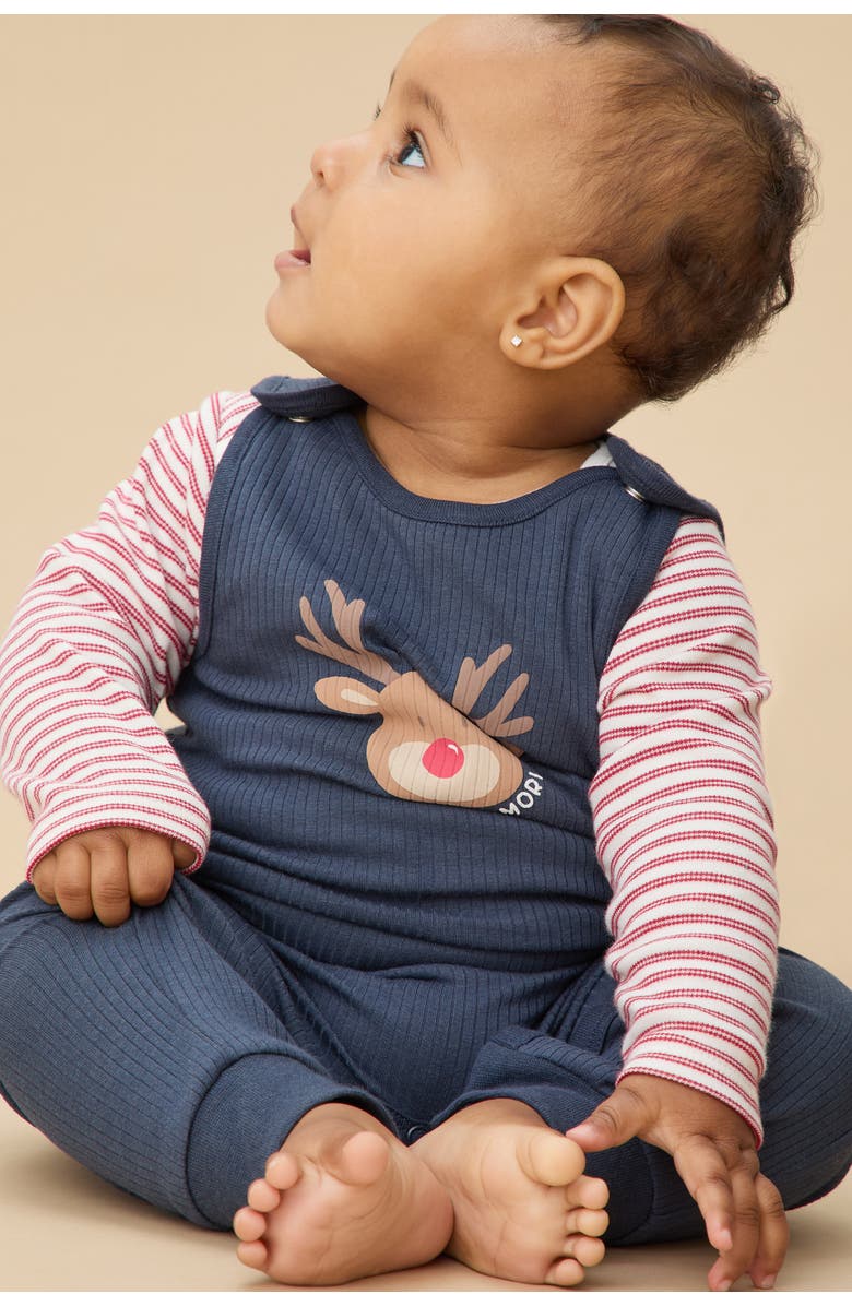 MORI Ribbed Reindeer Romper, Alternate, color, Navy & Reindeer
