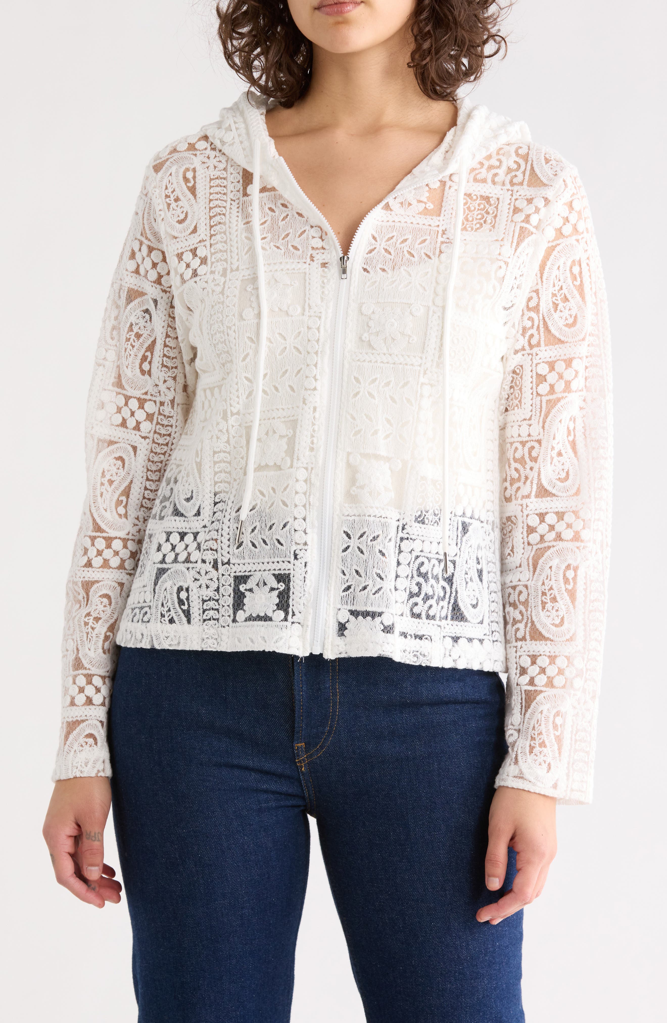 Open Knit Zip-Up Hoodie
