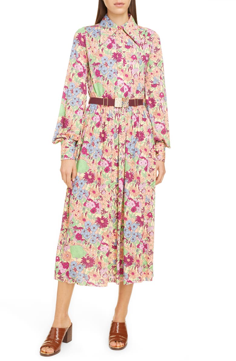 Runway Marc Jacobs Belted Wildflower Print Long Sleeve Jersey Shirtdress, Main, color, 