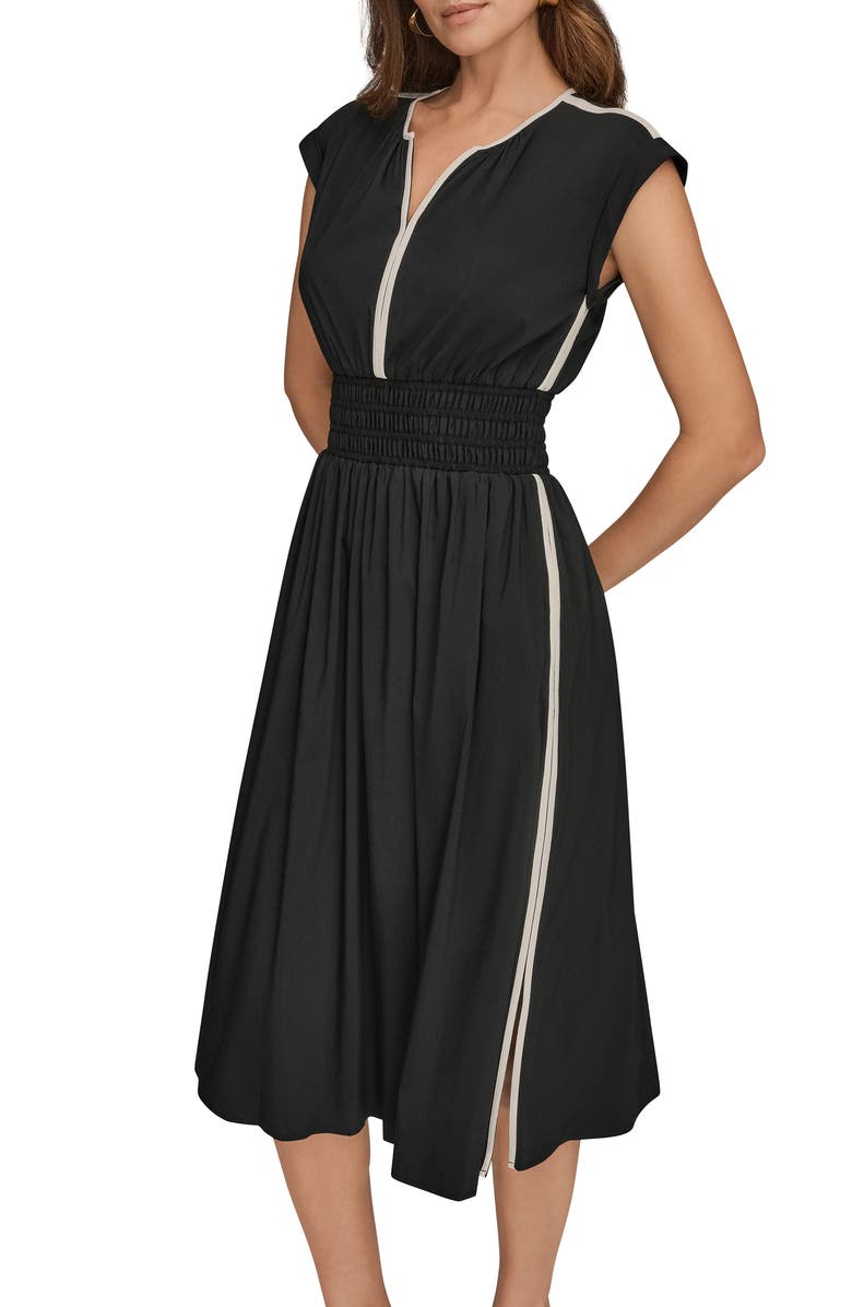 DONNA KARAN WEEKEND Cap Sleeve Piped Midi A-Line Dress, Alternate, color, Black/ Cream