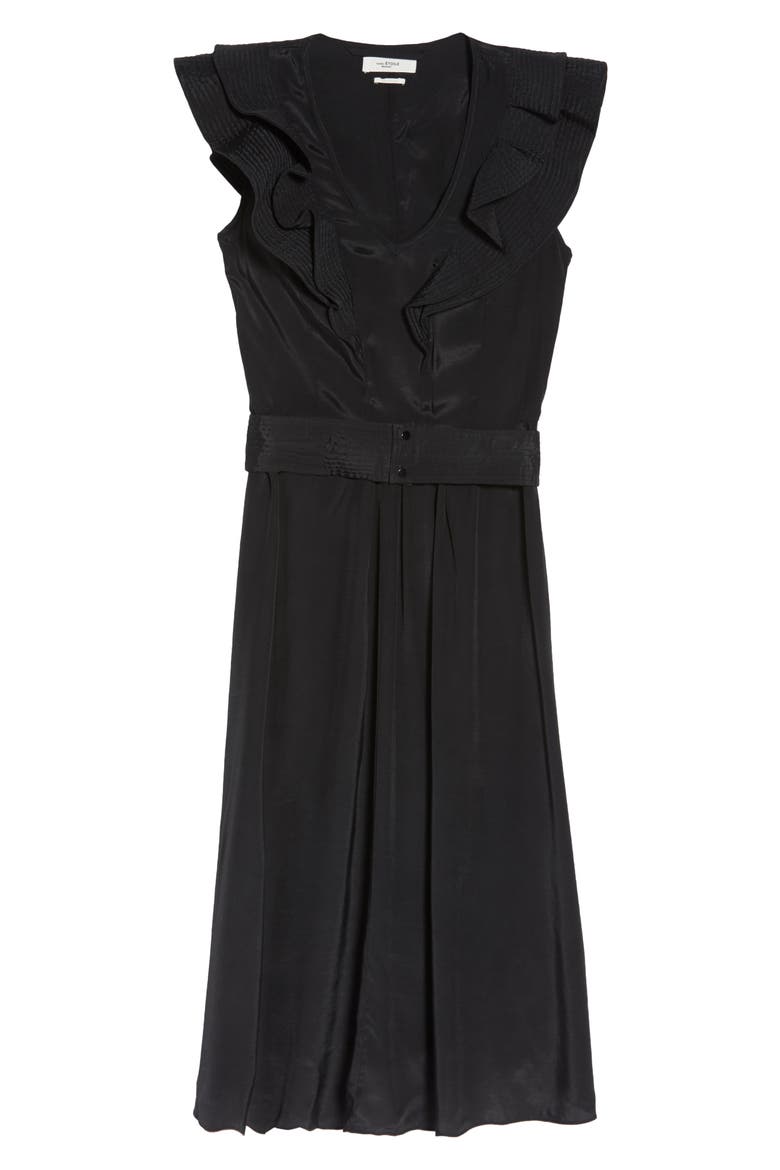 Coraline Ruffle Trim Midi Dress, Alternate, color, BLACK
