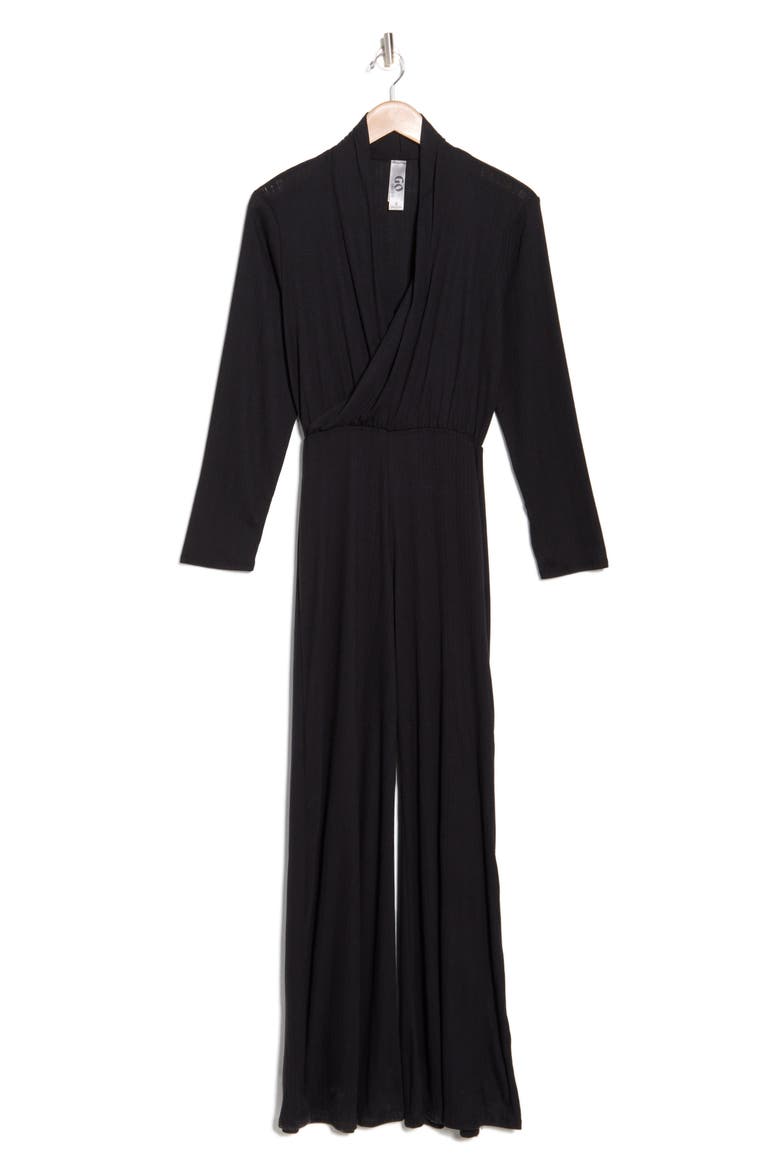 Surplice V-Neck Long Sleeve Jumpsuit, Alternate, color, BLACK