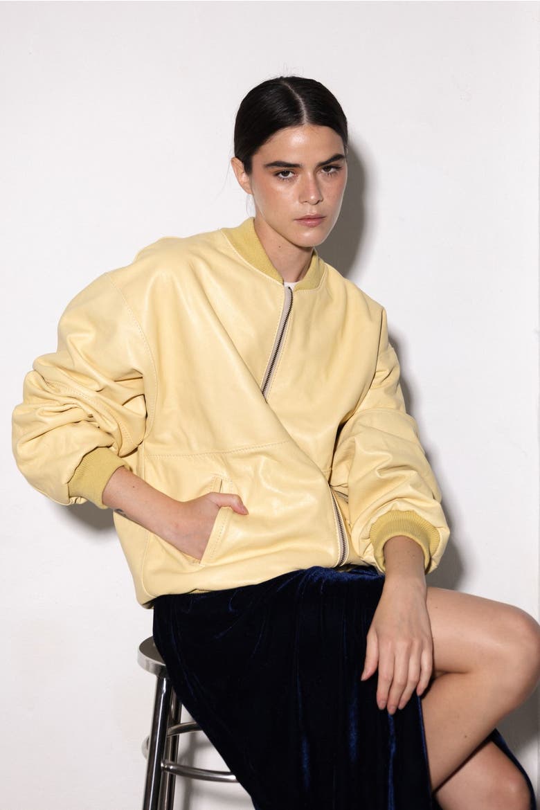 NYC Oversized Leather Bomber Jacket, Alternate, color, Butter Cream