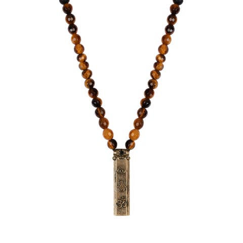 Men's Tiger’s Eye Onyx Bronze Pendant Beaded Necklace Fearless Spirit