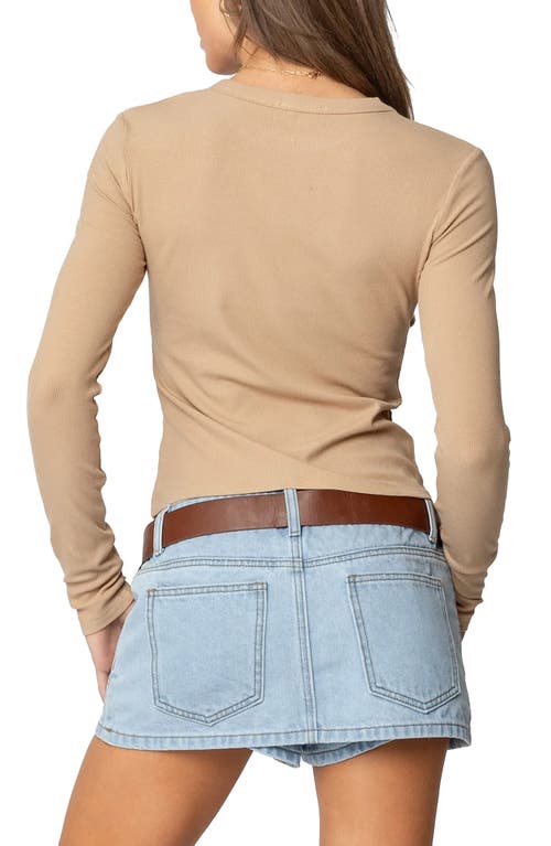 Edikted Nicky Long Sleeve Rib T-shirt In Beige